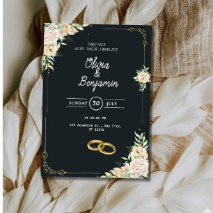 Elegant Black and Gold Floral Wedding Invitation