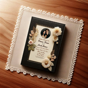 Elegant Black and Gold Floral Wedding Invitation