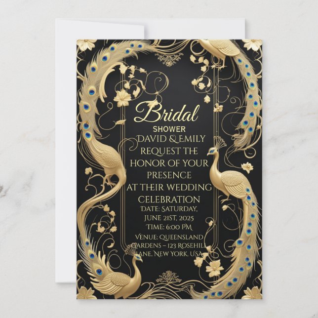 Elegant Black and Gold Floral Wedding Invitation (Front)
