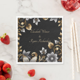Elegant Black and Gold Floral Wedding Invitation Napkin