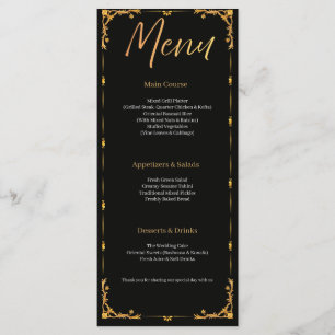 Elegant Black and Gold Floral Wedding Menu Card