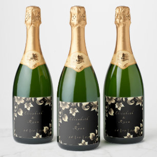 Elegant Black and Gold Floral Wedding Sparkling Wine Label