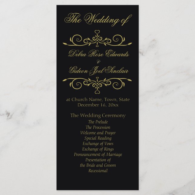 Elegant Black and Gold Flourish Wedding Program Programme (Front)