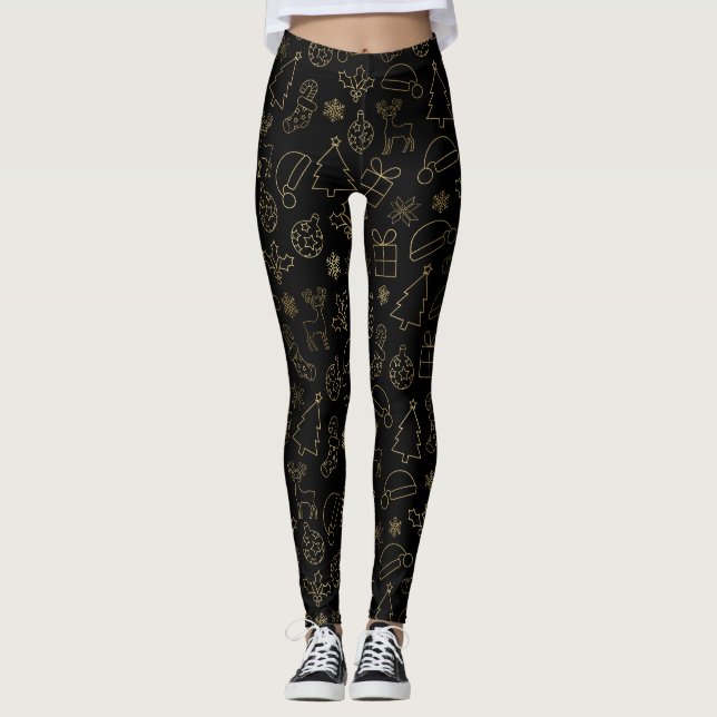 Elegant Black and Gold Foil Christmas Pattern Leggings (Front)