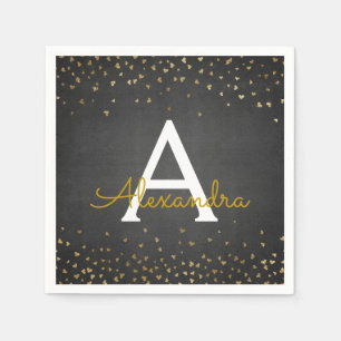 Elegant Black and Gold Foil Confetti Monogram Napkin