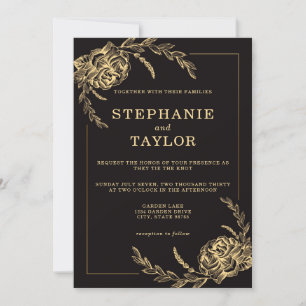 Elegant Black and Gold Foil Roses Wedding Invitation