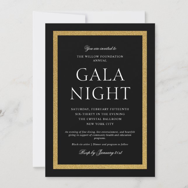 Elegant Black and Gold Gala Night Invitation (Front)