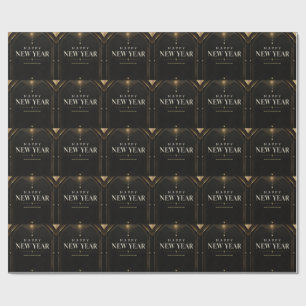 Elegant Black and Gold Geometric Happy New Year Wrapping Paper