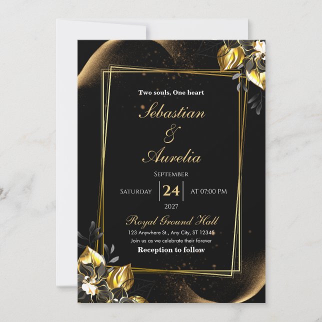 Elegant Black and Gold Geometric Wedding Invite (Front)