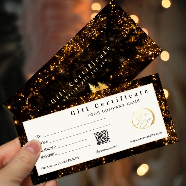 Elegant Black and Gold Gift Certificate (Elegant Black and Gold Gift Certificate Cards #christmas #newyear #jounery #wintergiftcard #chick)