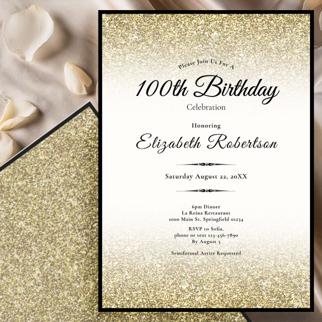 Elegant Black and Gold Glitter 100th Birthday  Invitation (Creator Uploaded)