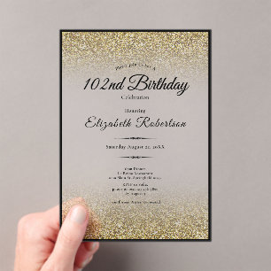 Elegant Black and Gold Glitter 102nd Birthday Acrylic Invitations