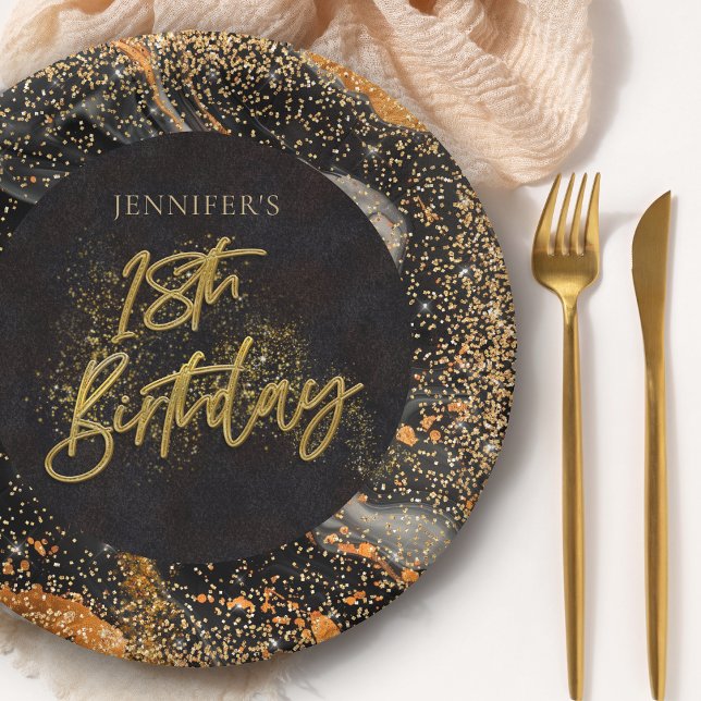 Elegant Black and Gold Glitter 18th Birthday Party Paper Plate (Creator Uploaded)
