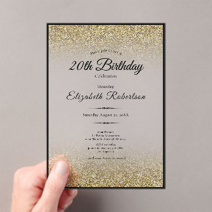 Elegant Black and Gold Glitter 20th Birthday Acrylic Invitations