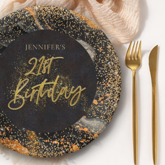 Elegant Black and Gold Glitter 21st Birthday Party Paper Plate