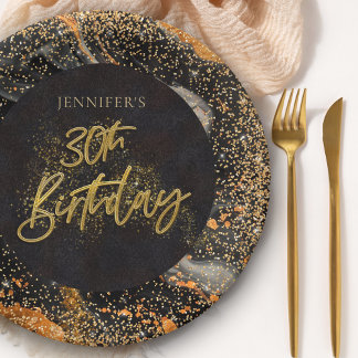 Elegant Black and Gold Glitter 30th Birthday Party Paper Plate