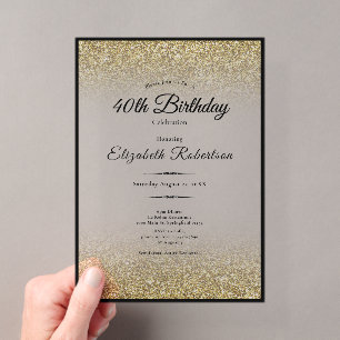 Elegant Black and Gold Glitter 40th Birthday Acrylic Invitations
