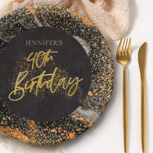 Elegant Black and Gold Glitter 40th Birthday Party Paper Plate
