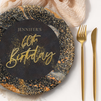 Elegant Black and Gold Glitter 60th Birthday Party Paper Plate