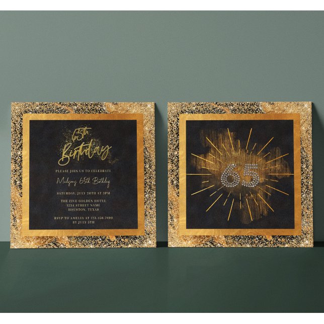 Elegant Black and Gold Glitter 65th Birthday Party Invitation (Creator Uploaded)