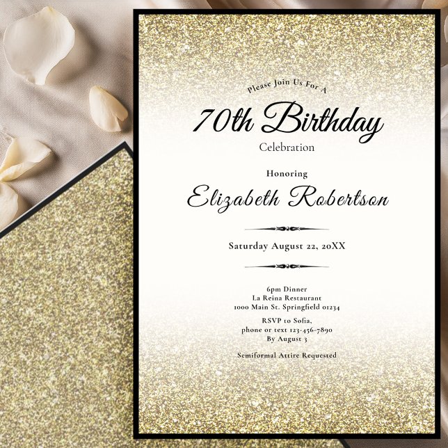 Elegant Black and Gold Glitter 70th Birthday  Invitation (Creator Uploaded)