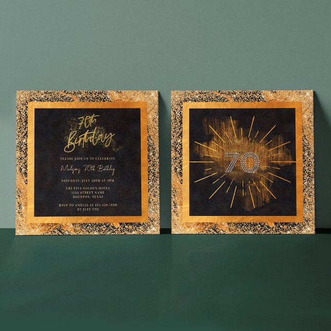 Elegant Black and Gold Glitter 70th Birthday Party Invitation (Front / Back)