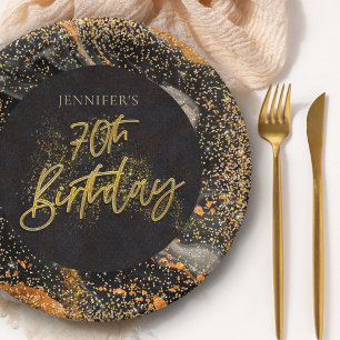 Elegant Black and Gold Glitter 70th Birthday Party Paper Plate