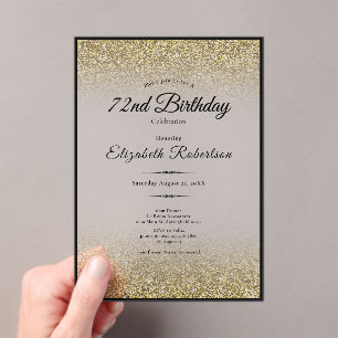 Elegant Black and Gold Glitter 72nd Birthday Acrylic Invitations