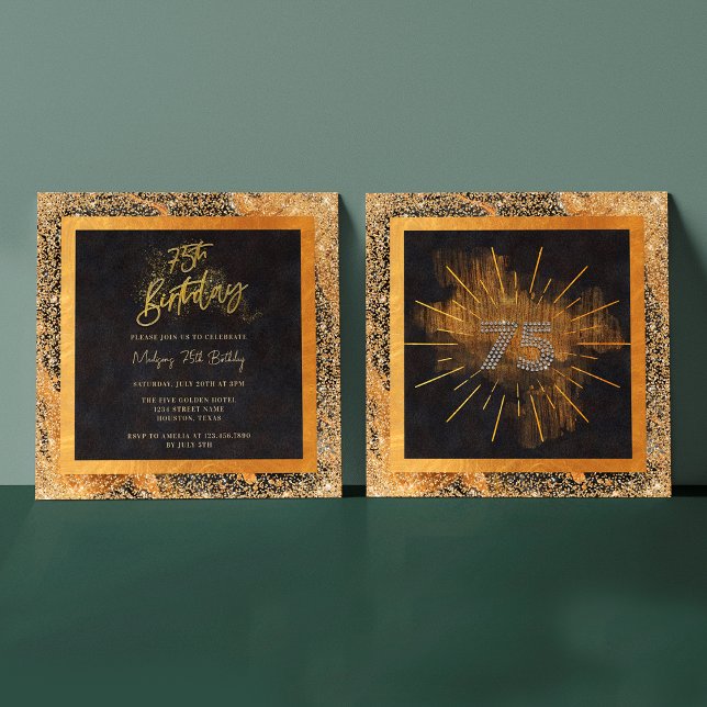 Elegant Black and Gold Glitter 75th Birthday Party Invitation (Front / Back)