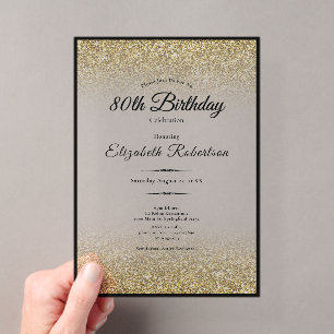 Elegant Black and Gold Glitter 80th Birthday Acrylic Invitations