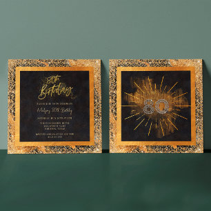 Elegant Black and Gold Glitter 80th Birthday Party Invitation