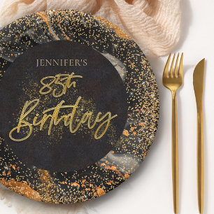 Elegant Black and Gold Glitter 85th Birthday Party Paper Plate