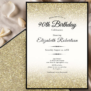 Elegant Black and Gold Glitter 90th Birthday  Invitation