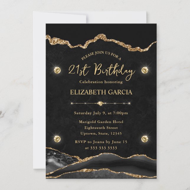 Elegant Black and Gold Glitter Agate 21st Birthday Invitation (Front)