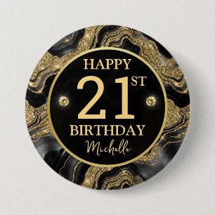 Elegant Black and Gold Glitter Agate Birthday 7.5 Cm Round Badge