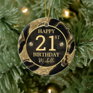 Elegant Black and Gold Glitter Agate Birthday Ceramic Tree Decoration