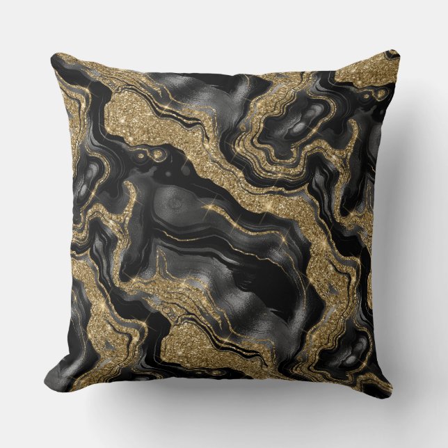 Elegant Black and Gold Glitter Agate Pattern Cushion (Front)
