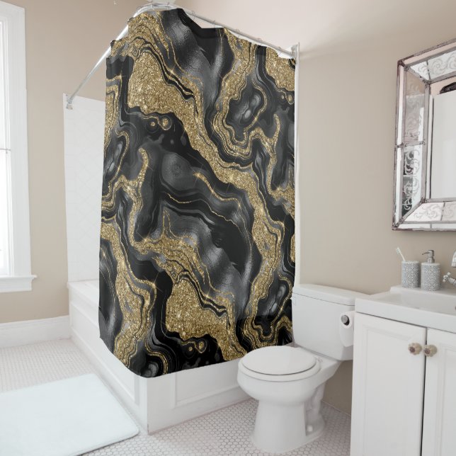 Elegant Black and Gold Glitter Agate Pattern Shower Curtain (In Situ)