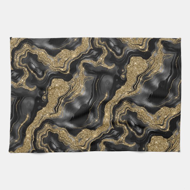 Elegant Black and Gold Glitter Agate Pattern Tea Towel (Horizontal)