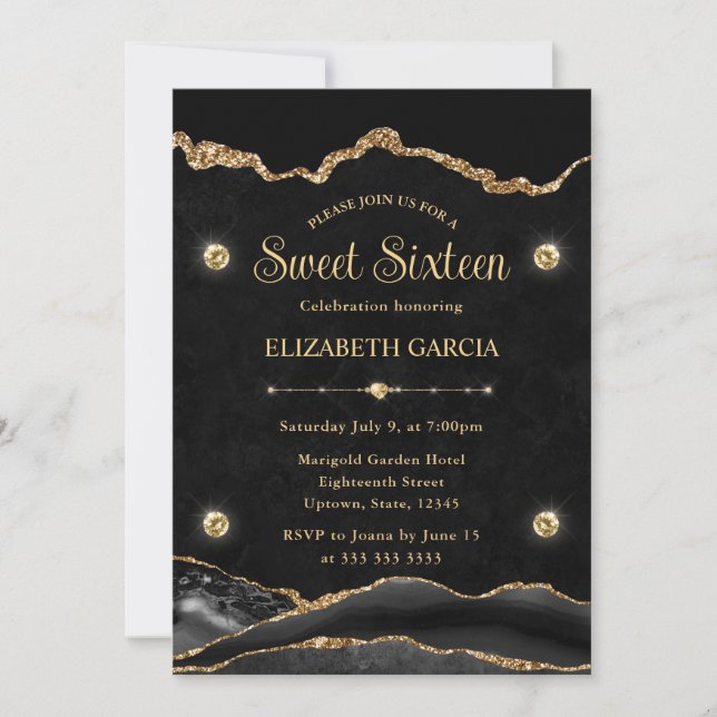 Elegant Black and Gold Glitter Agate Sweet Sixteen Invitation (Front)