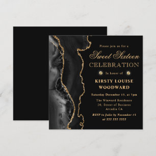 Elegant Black and Gold Glitter Agate Sweet Sixteen Invitation
