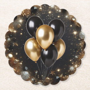 Elegant Black and Gold Glitter Balloon Birthday Paper Coaster