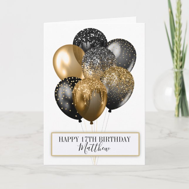 Elegant Black and Gold Glitter Balloons Birthday Card (Front)