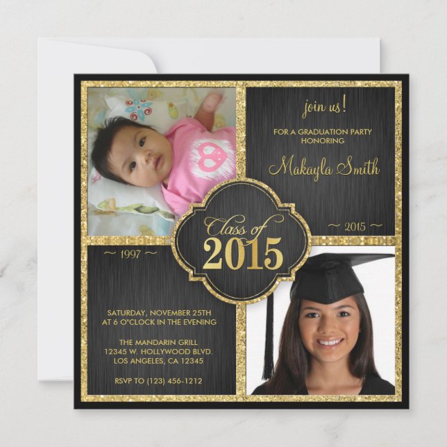 Elegant Black and Gold Glitter Class of 2015 Invitation (Front)