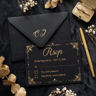 Elegant Black and Gold Glitter Floral Wedding RSVP Card