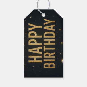 Elegant Black and Gold Glitter Happy Birthday Gift Tags