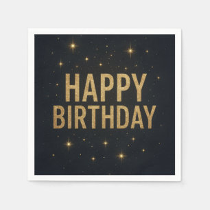 Elegant Black and Gold Glitter Happy Birthday Napkin