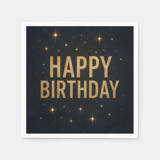 Elegant Black and Gold Glitter Happy Birthday Napkin (Front)