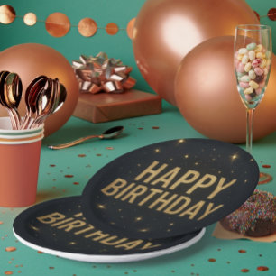 Elegant Black and Gold Glitter Happy Birthday Paper Plate