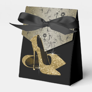 Elegant Black and Gold Glitter High Heel Shoe Favour Box